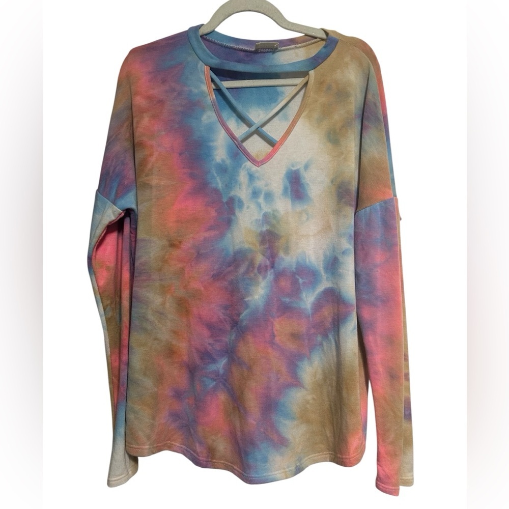 Lovely Melody Tie Dye Crisscross V-Neck Long Sleeve Top Pastel Pink Blue Sz L